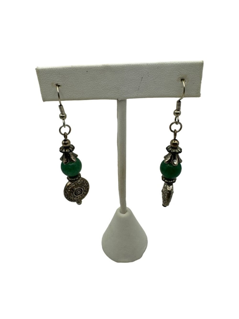 Handmade Boho Vintage Silver & Green Beaded Dangle Earrings
